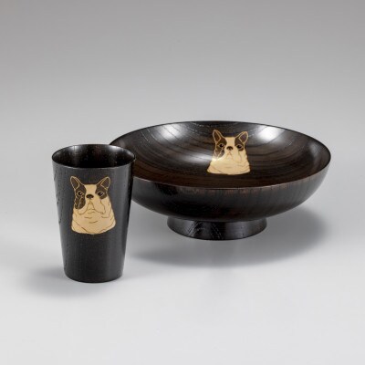 山中漆器　欅4.3飯椀黒摺　蒔絵加飾・欅1.6ぐい呑み黒摺　蒔絵加飾　セット　_22252