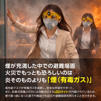 火災避難時の煙から目と呼吸を守る、エスケープキット(粘着式保護メガネ+防煙・防粉マスク)