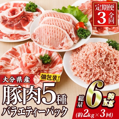 <定期便・全3回 (連続)>豚肉 バラエティーパック (総量6kg・5種) 