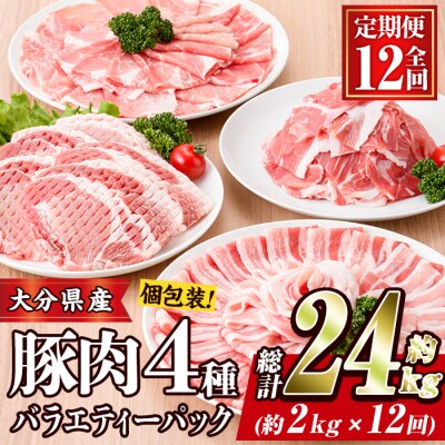 <定期便・全12回 (連続)>大分県産 豚肉 バラエティーパック (総量24kg・4種)