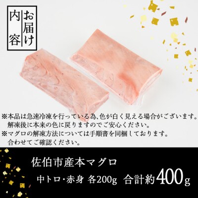<緊急支援品>佐伯市産本マグロ 中トロ・赤身 食べ比べ(合計約400g) 