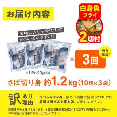 【フライ付】<定期便・全3回 (毎月)>訳ありさば切り身 (総計約3.6kg・40g前後×90切)