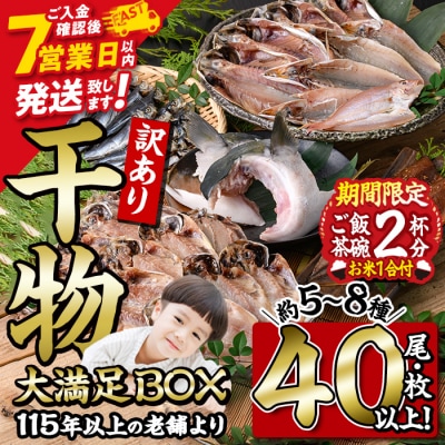 <訳あり> 数量限定・お米1合付き 干物大満足BOX (40尾以上・5-8種)  