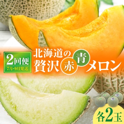 【 7月青肉・9月赤肉発送】北海道の贅沢　暑寒メロン食べ比べ2回便 【各2玉づつ】