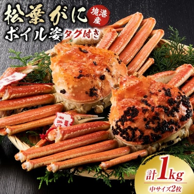 境港産松葉がにボイル姿タグ付き　計1kg(中サイズ2枚)
