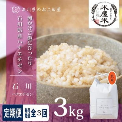 【毎月定期便】【軽やかな甘みと食べやすさ】石川県野々市市産ハナエチゼン 玄米 3kg全3回