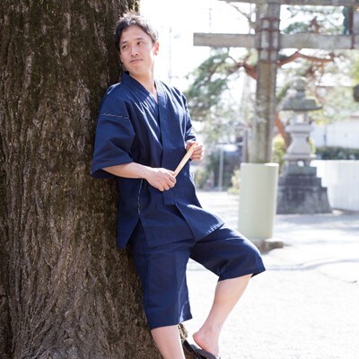 【桐生:和粋庵】綿しじら甚平 　NO.1 濃紺　Lサイズ