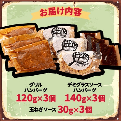 玉ねぎ・デミグラスソース2種ソース食べくらべグリルハンバーグステーキ 各3食セット