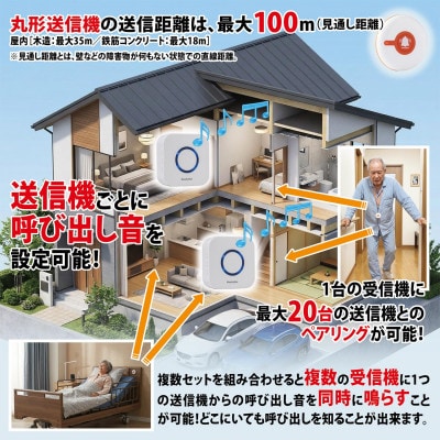 ワイヤレス呼び出しベル おまもりベル(受信機+丸形送信機セット)