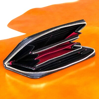 LUEGO 限定モデル 山形牛革 ラウンド長財布/ブラック×レッド