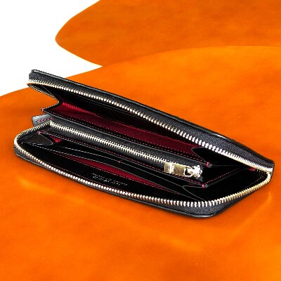 LUEGO 限定モデル 山形牛革 ラウンド長財布/ブラック×レッド