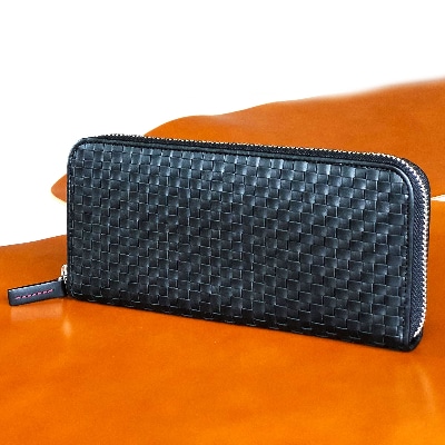 LUEGO 限定モデル 山形牛革 ラウンド長財布/ブラック×レッド