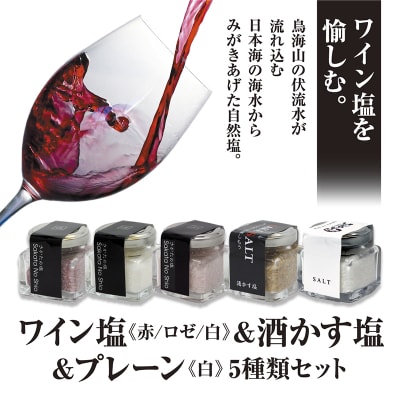 山形県酒田の塩 お洒落な角瓶入り天然塩5種セット ワイン塩3種(赤・白・ロゼ)・酒かす塩・プレーン塩