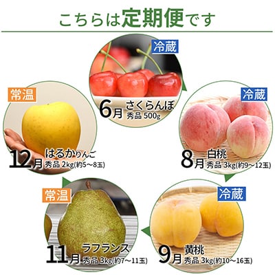 【発送月固定定期便】山形の夏から冬まで楽しむスペシャルコース(佐藤錦・白桃・黄桃・洋梨・林檎)全5回