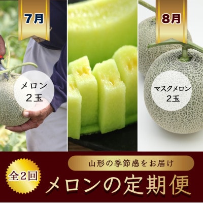 【発送月固定定期便】山形メロンの定期便　7月 緑肉メロン2玉　8月 マスクメロン2玉全2回