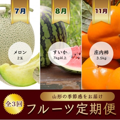 【発送月固定定期便】7月メロン2玉　8月西瓜1玉　11月庄内柿3.5kg【令和8年発送】　全3回
