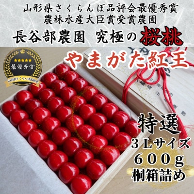 長谷部農園さくらんぼ　やまがた紅王600g桐箱詰め　特秀3Lサイズ　先行予約2025年度6月発送開始