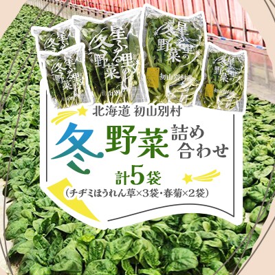 【北海道 初山別村】冬野菜詰め合わせ5袋(チヂミほうれん草×3袋・春菊×2袋)