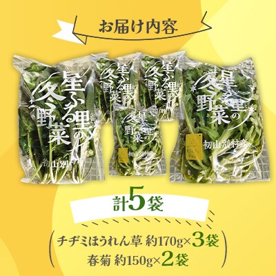 【北海道 初山別村】冬野菜詰め合わせ5袋(チヂミほうれん草×3袋・春菊×2袋)