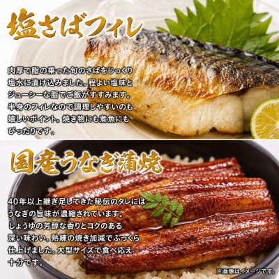 【毎月定期便】魚鶴商店が選ぶ人気お魚C(サバフィレ・うなぎ蒲焼・銀鮭切身・海鮮漬)全4回