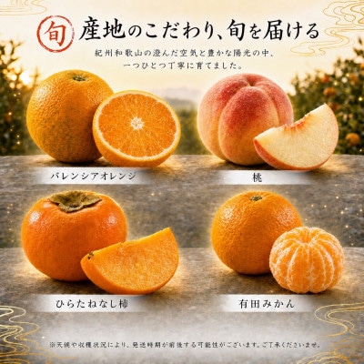 【発送月固定定期便】紀州和歌山産旬のフルーツセット(バレンシア・桃・ひらたねなし柿・みかん)全4回