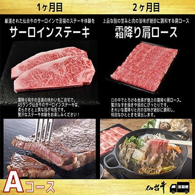 【毎月定期便】A5等級仙台牛【最高等級黒毛和牛Aコース】ステーキ・すき焼き・切り落とし 全3回