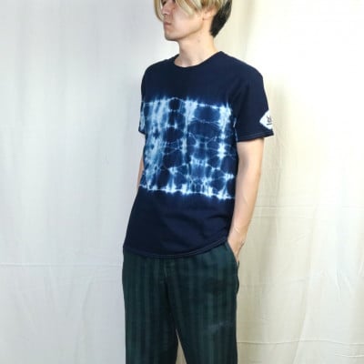 伝統工芸「甘木絞り」絞り染めTシャツ《波》サイズ:2　綿100%　藍染め