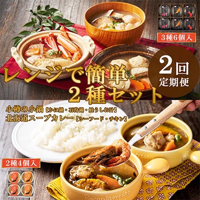 【毎月定期便】【レンジで簡単】石狩鍋・かに鍋・鮭うしお汁(3種6個)とスープカレー(2種4個)全2回