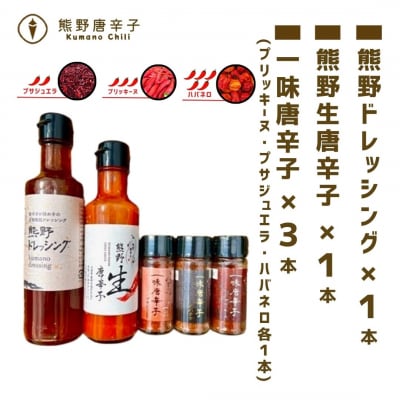 熊野うま辛唐辛子5種セット　一味唐辛子プリッキーヌ、プサジュエラ、ハバネロ+生唐辛子+ドレッシング