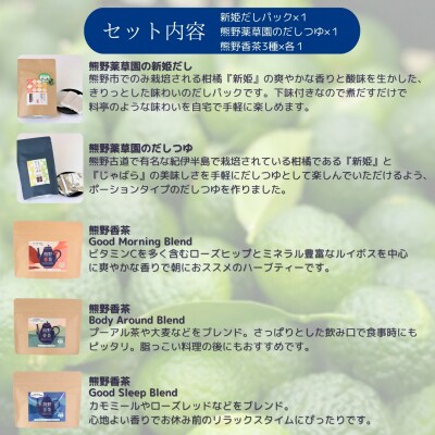 新姫(にいひめ)を存分に味わうセット(ハーブティー3種、だしパック、だしつゆ)