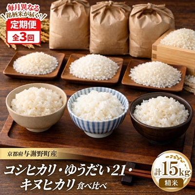 【毎月定期便】コシヒカリ・キヌヒカリ・ゆうだい21　精米各5kg　毎月異なる銘柄米が届く定期便全3回