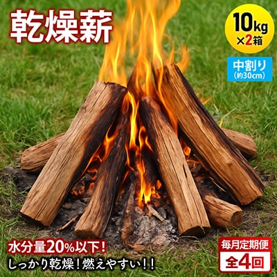 【毎月定期便】乾燥薪 キャンプ用 10kg×2箱 中割(約30cm) 広葉樹ミックス全4回