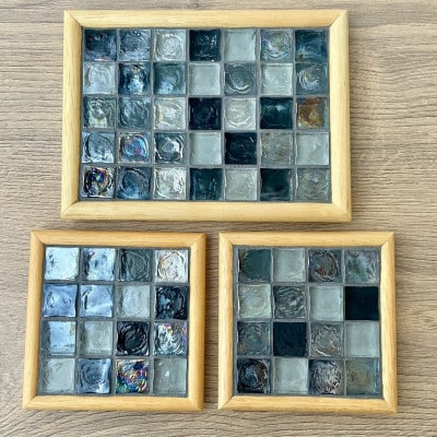 ガラスタイルコースター2枚・トレイ大1枚セット(ブラック・アーチフレーム)