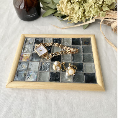 ガラスタイルコースター2枚・トレイ大1枚セット(ブラック・アーチフレーム)