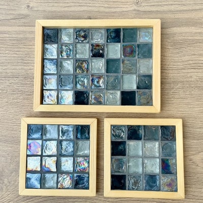 ガラスタイルコースター2枚・トレイ大1枚セット(ブラック・フラットフレーム)