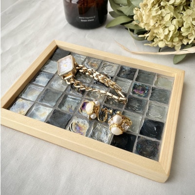 ガラスタイルコースター2枚・トレイ大1枚セット(ブラック・フラットフレーム)