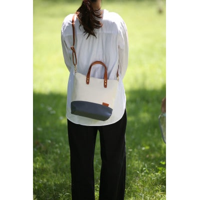 【倉敷産帆布×本革】2way ショルダーバッグ　バイカラー(生成り×ネイビー)(ブラウン革)