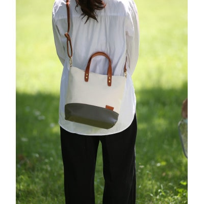 【倉敷産帆布×本革】2way ショルダーバッグ　バイカラー(生成り×カーキ)(ブラウン革)