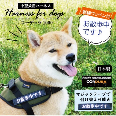 【中型犬用】ハーネス コーデュラ×刺繍ワッペン付(お散歩中)黒