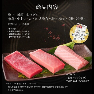 国産 本マグロ 赤身・中トロ・大トロ 3種食べ比べセット(柵・冷凍)約200g × 各1柵