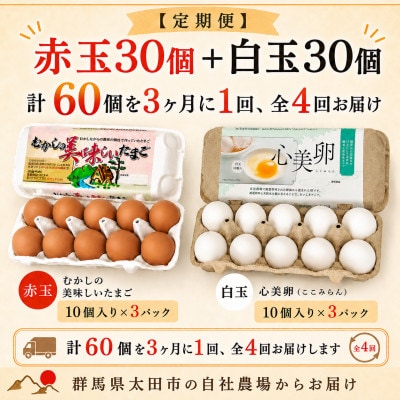 【3ヵ月毎定期便】むかしのおいしい卵・心美卵 紅白食べ比べセット 60個(各30個)全4回