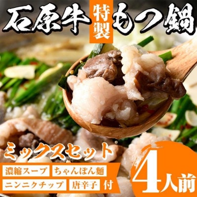 石原牛特製もつ鍋ミックスセット(2人前×2 計4人前)【株式会社石原PRO】22-24