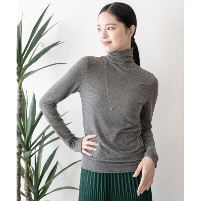 【洗える/とろける肌触り/草木染め】カシミヤシルク ボーダータートルネック　キナリブラック