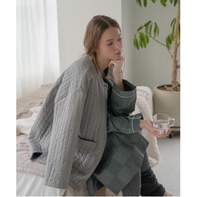 【洗える/柔らか素材/草木染め】チェックワンピースパジャマ　ログウッドエンジュグリーン