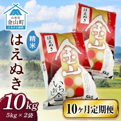 令和6年産 金山産米 はえぬき 【精米】(5kg×2袋)×10ヶ月 計100kg F4B-0539