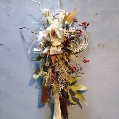 ドライフラワーのお正月しめ縄飾り【豪華版】〈2Wayタイプ〉注連縄 標縄 しめ飾り F4B-0727