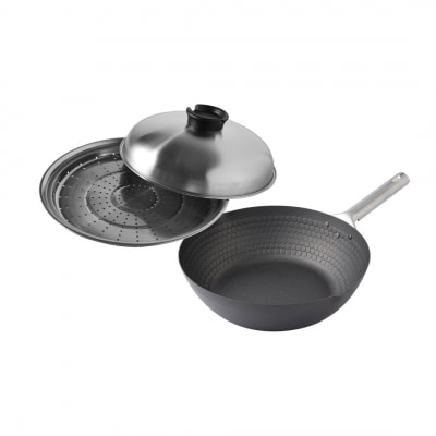 [eN] IH対応 中華炒め鍋 (中華鍋) 深型 28cm 蒸し器セット 調理器具【023S004】