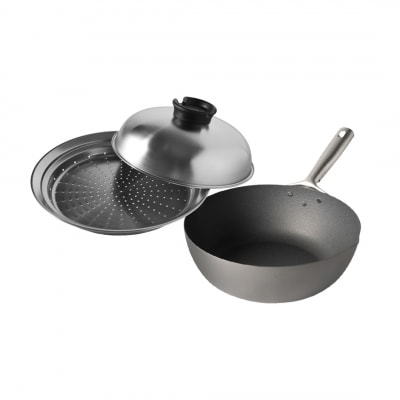 [eN] IH対応 中華炒め鍋(中華鍋) 深型 24cm 蒸し器セット 調理器具 【020S011】
