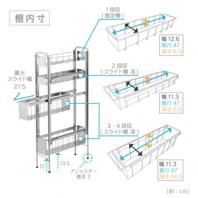 ランドリーサイドラック 4段 幅17cm  日本製 YLS-1244 [川口工器]【048S016】