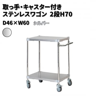 取っ手・キャスター付きステンレスワゴン2段H70 46×60 シルバー 【257S006】